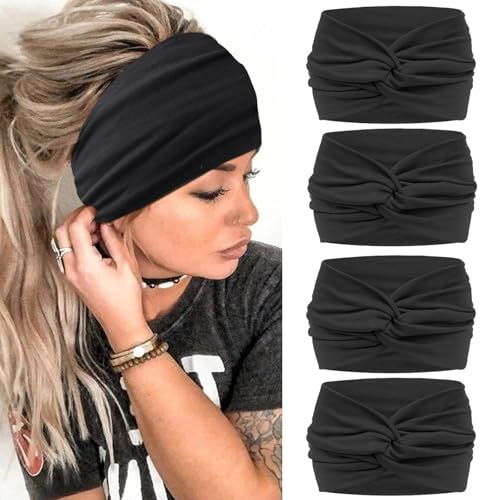Blooms Haarband Stirnband Damen, Breit Haarbänder Antirutsch Headband Elastisch Head Band Soft Hairband Sport Yoga Gym Haarschmuck 4 Pcs
