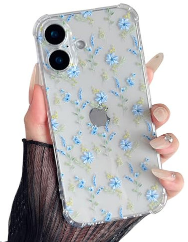 ZTOFERA Case for iPhone 16, Transparent Clear Soft TPU Case with Flower Pattern, Ultra Slim Anti-scratch Silicone Gel Protective Bumper Cover for iPhone 16 (6.1) - Blue Flower