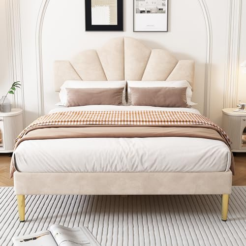 Lexiou Samt, Polsterbett, 140x200 cm, Doppelbett, muschelartiges Bett mit goldenen Eisenbeinen, höhenverstellbares Kopfteil, Holzlattenrost (Beige)