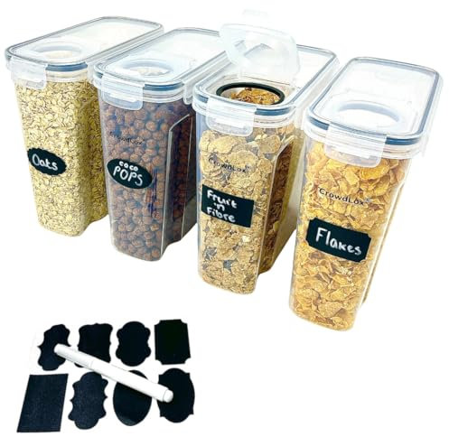 CrowdLox Cereal Storage Containers 4L Food Grade and BPA Free Tupperware Sets with Lids and Labels Kitchen Storage & Organisation Food Containers Large Kitchen Organiser for Cornflakes (Set of 4)