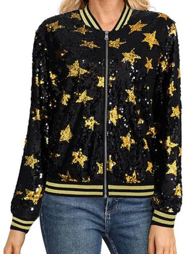 Damen PaillettenBlazer Glitzer Cardigan Jacke Langarm Glitzer Bomberjacke Party Club Jacke Pailletten- Damen Tailliert Anzugjacke Glitzer Tops Kurz Oberteile Glitzer Outfits Streetwear (06 Gold, M)