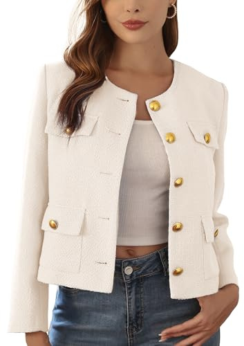M.Infisavo 2026 Women Tweed Jacket Cropped Blazers Spring Summer Elegant Round Neck Pockets Business Casual Outfit, Beige, Medium