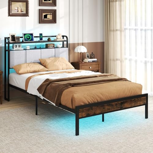 COSTWAY Single/Double/King Size Bed Frame with RGB LED Lights, Charging Station and Upholstered Storage Headboard, Industrial Metal Slats Support Platform Bed Base Mattress Foundation (4FT6 Double)