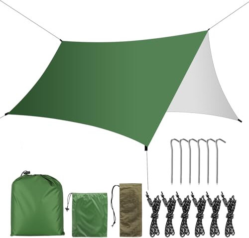 KIMIGO Toldo de Refugio Camping 3x3M,Toldo Camping Impermeable,Tienda de Campaña Tarp,Ultraligero y Portátil Toldos de Refugio,Lona Toldos Campings Accesorios para Vivac,Picnic,Playa,Hamaca,Furgoneta,