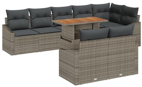 vidaXL Grau Poly Rattan 9-teiliges Garten Essgruppe mit Kissen Außentisch und Sofa für 6 Höhenverstellbare robuste wetterfeste Möbel lebendiger 4-Sitzer Rechteckiger Kaffee Patio