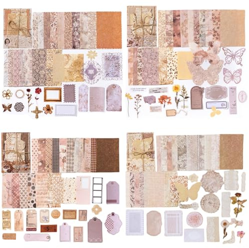 ZAKHSE Scrapbook Zubehör, 148 Stück Vintage Bastelpapier Muster Kaffeefarben Textur Papier Scrapbook Papier, Holz Schmetterling, PET Dekorative Aufkleber für Fotoalbum Tagebuch DIY Jounral Dekor