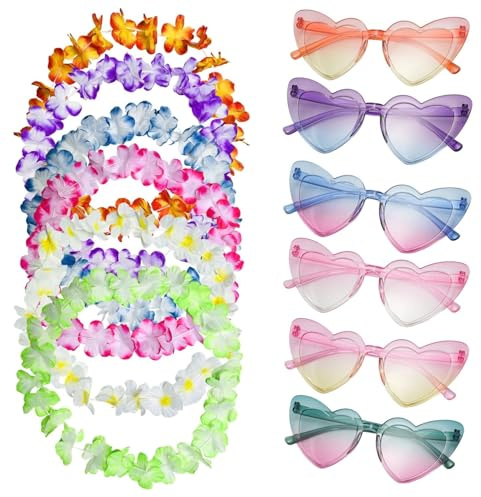 Lyivisk 12 Stück Blumenketten Hawaii Set, 6 Stück Hawaii Blumenkette und 6 Stück Partybrille, 50cm Bunte Blumenketten Hawaii, Candy Color Sonnenbrille, für Hawaii Party Deko
