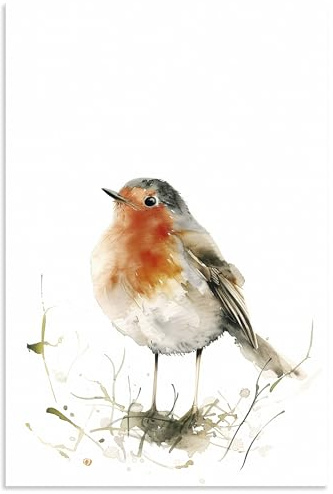 ARTLAND Wanddeko Wandbild Alu Verbundplatte für Innen & Outdoor Bild 40x60 cm Aquarell aesthetic room decor Rotkehlchen Vogel Singvogel Natur U5QX