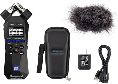 Zoom H1essential 2-Track 32-Bit Float Portable Audio Recorder Bundle with APH-1e with Hairy Windscreen, Padded Shell Case, AC Adapter, & USB C-Cable