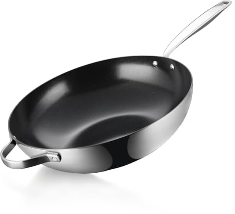Be Living Edelstahl Wokpfanne 32 cm, Non Stick Keramik Antihaftbeschichtung, Induktion Pfanne, Ohne ptfe und pfoa, Schwarz