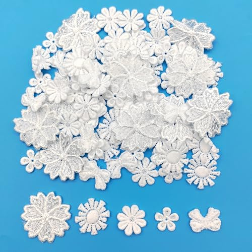 XCSJ Spitzenblumen Applikationen Spitzenblumen Stickerei (Weiß 3) | Blumen und Schleifen Muster, Spitze Stickerei Zum Aufnähen für Kleidung, Jeans, Brautkleid, DIY,50 Pcs