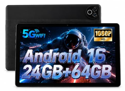 Laptok Android 16 Tablet 10 Zoll 64GB ROM+1TBTF 6000mAh 800×1280 IPS WIFI6 | 24gb(4+20)RAM, Bluetooth 5.4, 5MP+8MP Dual Kamera, GMS, OTG, Type-C, face ID, Schwarz, 2026 Neuestes Tablets