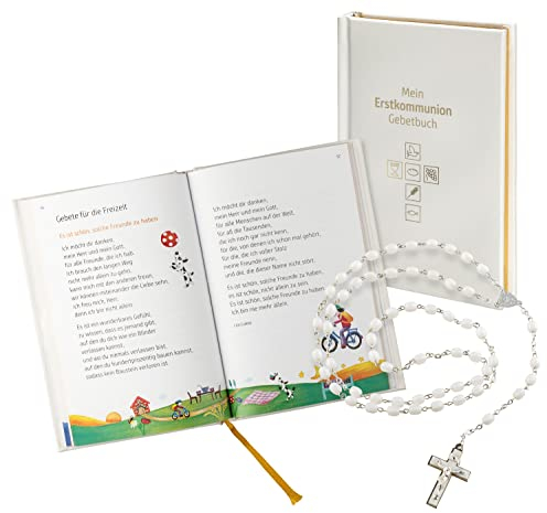 MaMeMi Kommunion GESCHENKSET MÄDCHEN – Gebetbuch mit Kunstledereinband + ROSENKRANZ MIT WEISSEN PERLEN im Organzabeutel – Erstkommunion-Set Geschenk für Paten & Großeltern