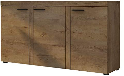 Kommode Rango 3F mit 3 Türen, Highboard, Anrichte, Sideboard, Mehrzweckschrank, Naturtöne, Wohnzimmerschrank, Anrichte, Schrank (Lefkas Eiche)