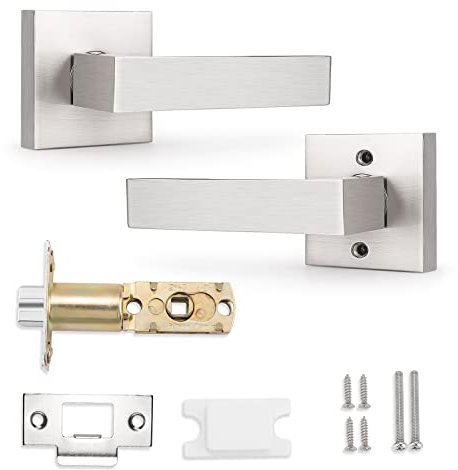 Probrico Square Interior Passage Door Lever for Hallway Stainless Steel Closet Two Sides Flat Reversible Door Handle with Latch Brushed Nickel