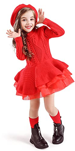 NNJXD Abito Casual per Maglione con Volant Multistrato per Bambine Taglia(110) 3-4 Anni 668 Rosso-A