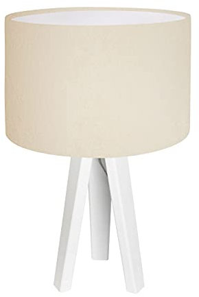 Lampe de table à trois pieds en bois et tissu crème blanc aspect velours 46 cm de haut Ø 30 cm E27 Lampe de chevet