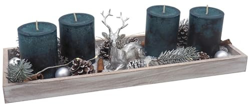 ZauberDeko Adventsgesteck Weihnachten Weihnachtsdeko Tablett Petrol Blau Hirsch Weiß Silber Tischdeko Deko