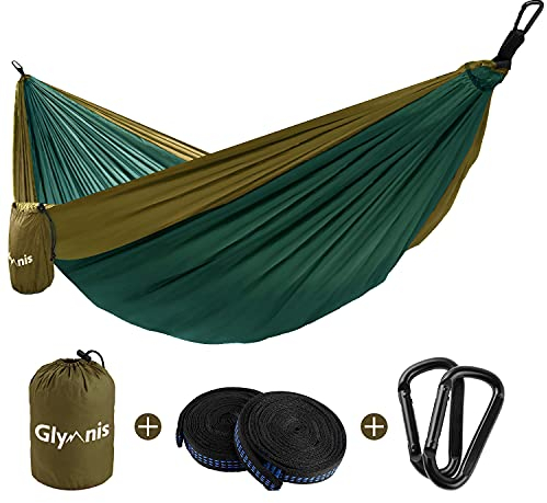 Glymnis Hamac Ultra-léger en Nylon 300kg Capacité de Charge 300x200cm avec 2 x Sangles en Nylon et 2 x Mousquetons pour Camping Voyage Exterieur Jardin