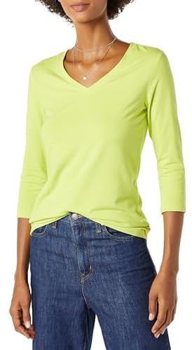 Amazon Essentials Mujer Camiseta con Cuello en V y Manga 3/4 de Corte Estándar (Disponible en Tallas Grandes)