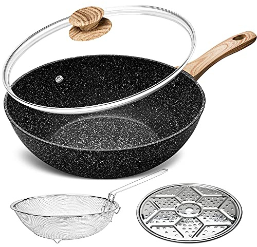 MICHELANGELO Juego de wok antiadherente, 28 cm con tapa, cesta y estante de vapor, sartén profunda