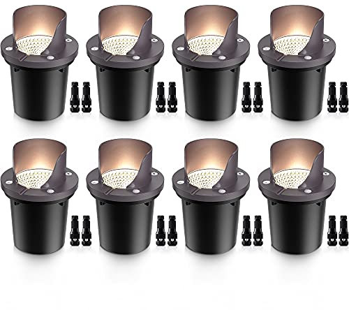SUNVIE 12W Low Voltage Landscape Lighting Waterproof Outdoor In-Ground Lights Shielded LED Well Lights 12V-24V Warm White Landscape Lighting for Pathway Garden Fence Deck, 8 Pack with Wire Connectors