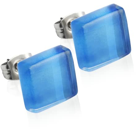 Kleine Ohrstecker mit Stein in blau • Flache Upcycling Ohrringe • Nickelfreie Stecker aus Edelstahl • Nachhaltiger Schmuck • 10mm x 10mm x 3mm
