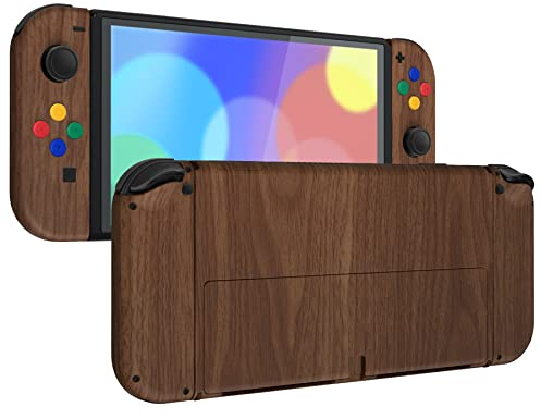 eXtremeRate Carcasa Completa para Nintendo Switch OLED, Tapa Trasera & Placa de Soporte con Botones Coloridos para NSO, Funda Protectora NS Joycons - Grano de Madera