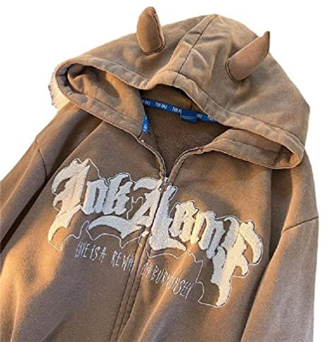 SELiLe Donne Harajuku Cute Devil Horn Hoodies Giacche Estetiche Punk Letters Stampa Maniche Felpa Oversize con Tasca Felpe Giacche per Ragazze Adolescenti