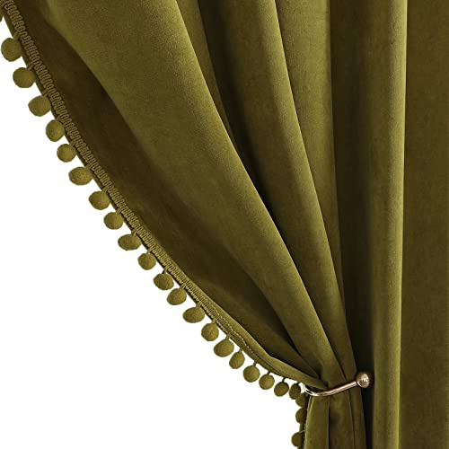 Benedeco Olivgrüne Samtvorhänge für Schlafzimmer, Fenster mit Pompon, superweiche Luxus-Vorhänge, Raumverdunkelung, wärmeisolierter Stangentaschenvorhang für Wohnzimmer, B 132 x L 244 cm, 2 Paneele