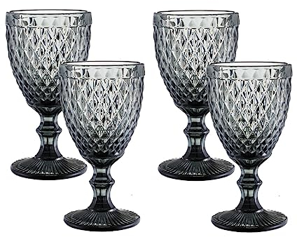 HIUHIU Verres À Vin Vintage Set of 4, 10oz Gobelets À Vin Colorés Verres À Eau Pied avec Motif Gaufré pour Mariage/Partie/Bar,Gris,Diamonds