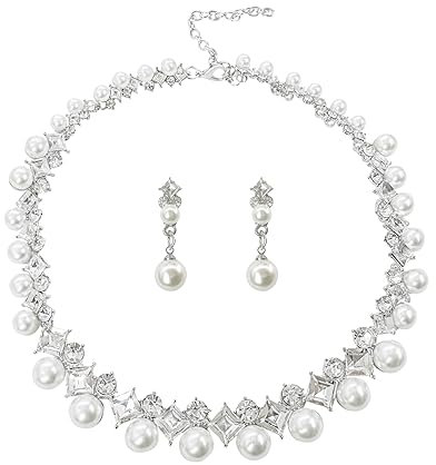AILUOR Perlenschmuck Set für Frauen, 14K Gold/Silber plattiert Perlenkette und Ohrring Set Perlen Tropfen Ohrringe Perlen Armbänder Perlen Halskette Choker Hochzeit Brautschmuck (2 Stück Silber)