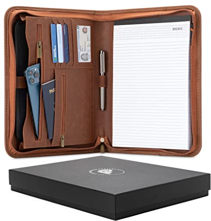 Forevermore Portfolio Padfolio Folder with Zipper - Professional Faux Leather Travel Organizer Pouch for Tablet, Documents, Presentation Folders, Zipper Closure, Notepad - Brown