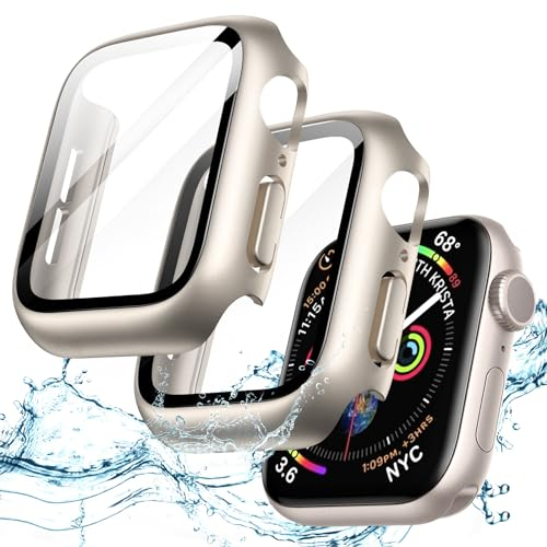 JETech Funda Impermeable con Protector de Pantalla para Apple Watch SE (2022/2020) / Series 6 5 4 40mm, Cristal Vidrio Templado Incorporado Carcasa Completa PC Dura, 2 Unidades (Blanco Estrella)