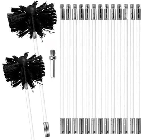 MOCNT Kit di Pennello per Pulizia del Camino Spazzole per Camini Nylon Rotante Flessibile Spazzola Pulizia Camino con 15 Aste 1 Testa Pennello 150mm 1 Testa Pennello 100mm