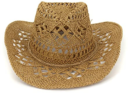 Sombrero de Cowboy de Paja Hombre Mujer Sombrero de Vaquero Occidental Cowgirl Hat Gorras de Sol Anti-UV Panamá Sombrero de Playa Sombrero de Cowboy Plegable ala Ancha (Marrón)