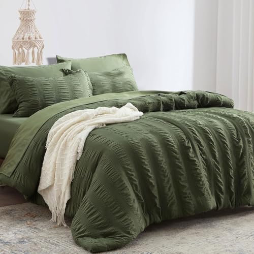 Tospass Housse de Couette Seersucker 140x200 cm Vert Olive + 1 Taies d'oreiller 65x65 cm Gaufré Rayée Rayures Parure de Lit 1 Personne Adulte Linge de lit Microfibre Réversible avec Fermeture Éclair