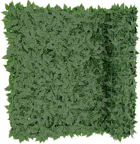 Siepe Finta Artificiale Ultra Coprente Anticaduta Rotolo Rete Frangivento Ornamentale Foglia Edera Sintetica Per Ringhiera Terrazzo Balcone Giardino Recinzione Verde Scuro (1 x 12 Mt)