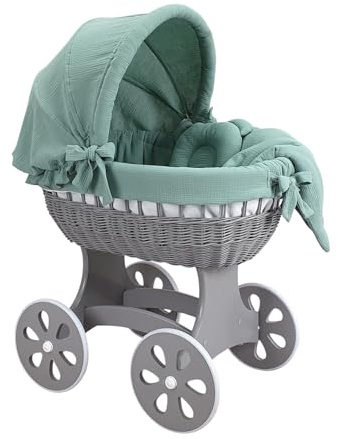 Wiklinopol Stubenwagen, Moseskorb Baby mit Gestell Annabell – Bollerwagen mit Rollen aus Naturweide – inkl. Matratze & 5-TLG. Khaki Musselin-Bettwäsche – Korb: Grau