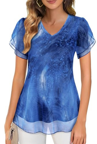 Gemulate Short Sleeve Tops for Women Dressy Casual V Neck Layered Chiffon Blouses Floral Mesh Shirts Wedding Guest Dresses Party Flowy Tunics - Blue, M