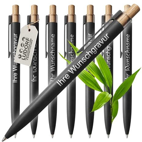 #teamludorf - 100x Aluminium Kugelschreiber mit Lasergravur - Metallclip, Bambusdrücker, blau schreibend - personalisiertes Werbegeschenk, Farbe:Schwarz, Menge:100 Stück