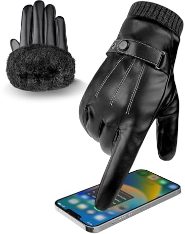 FORVEVO Handschuhe Herren, PU-Lederhandschuhe mit Fleece Gefüttert, Winddicht Winterhandschuhe, Thermo Touchscreen Handschuhe für Outdoor Camping Driving Fahren (Schwarz, L)