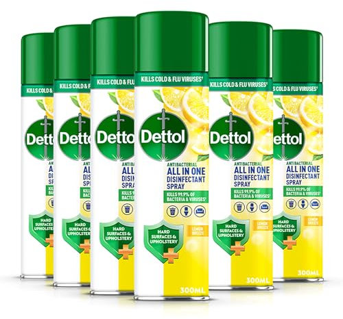 Dettol All-In-One Lemon Disinfectant Spray Multipack 6x300 ml - Fresh Pet, Shoe, Sofa Antibacterial Cleaner - Household Sanitizer Sprays & Liquids