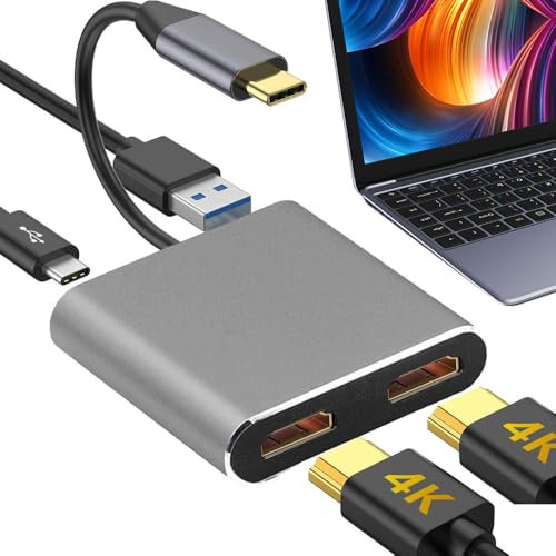 YANGUN 4 in 1 USB C to Dual HDMI Adapter, USB Type C to Dual Monitors Multiport Adapter, 4K@60Hz and Dual 4K@30Hz, USB Type C to Dual Monitors for MacBook Pro/Air, iPad, Surface, Dell and more