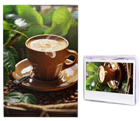 GFLFMXZW Puzzles, 1000 Teile, personalisiertes Puzzle, Kaffee- und Grünblätter, Fotopuzzle, herausforderndes Bild, Puzzle für Erwachsene, personalisierbares Puzzle mit Aufbewahrungstasche (50 x 74,9