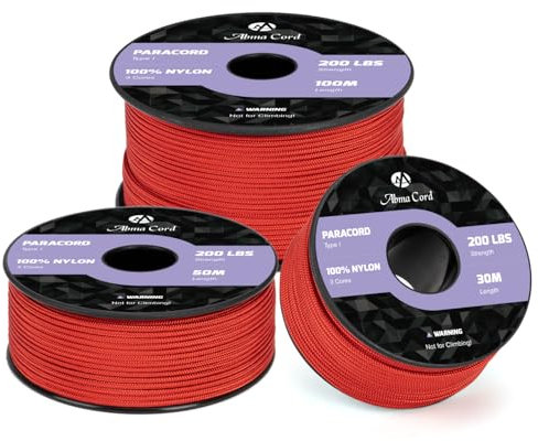 Abma Cord Paracorde 2mm 30m Corde Nylon 3 Brins Type I pour Bricolage, Camping, Extérieur - Max. 90kg (200lbs) - Rouge