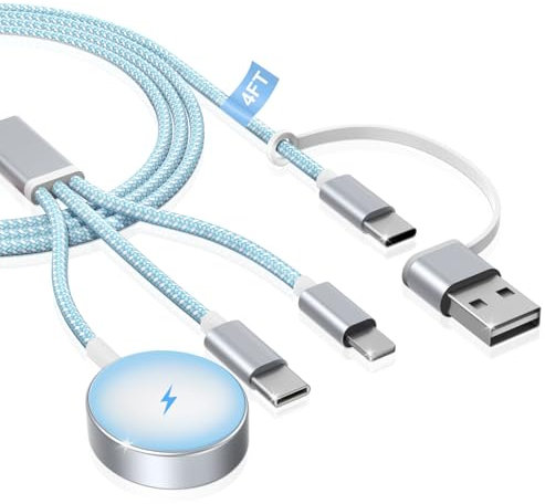 imodomio for iWatch Charger Type C - 3 in 2 for Apple Watch and Phone Charger 4FT, Nylon Braided Portable Wireless Charger for Apple Watch Series 10/9/8/Se/Ultra & iPhone 16/15/Samsung - Blue
