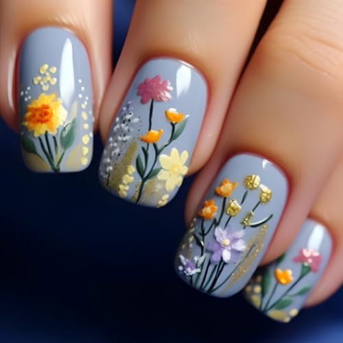 3D Floral False Nails With Design, Blue Press on Nails Short Square Shape Cute Flower Full Cover Spring Fake Nails Press on, Natural Reusable Glue on Nails for Women in 24 Pcs