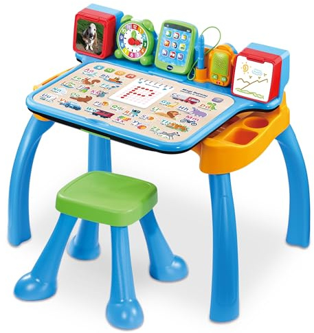 VTech - Magi Interaktiver und musikalischer Schreibtisch 6 in 1 – Kinderschreibtisch mit Hocker – Lernspieltisch, Zeichenstaffelei und Kreidetafel – Geschenk für Kinder ab 3 Jahren – Inhalt in