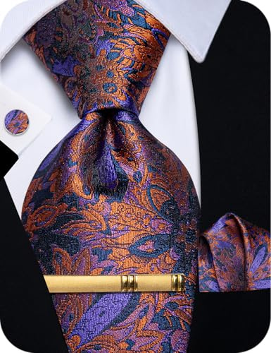 YourTies Cravatte di seta da uomo, motivo scozzese, motivo cachemire, con motivo floreale, gemelli quadrati e fermacravatta, set di fermacravatta per feste